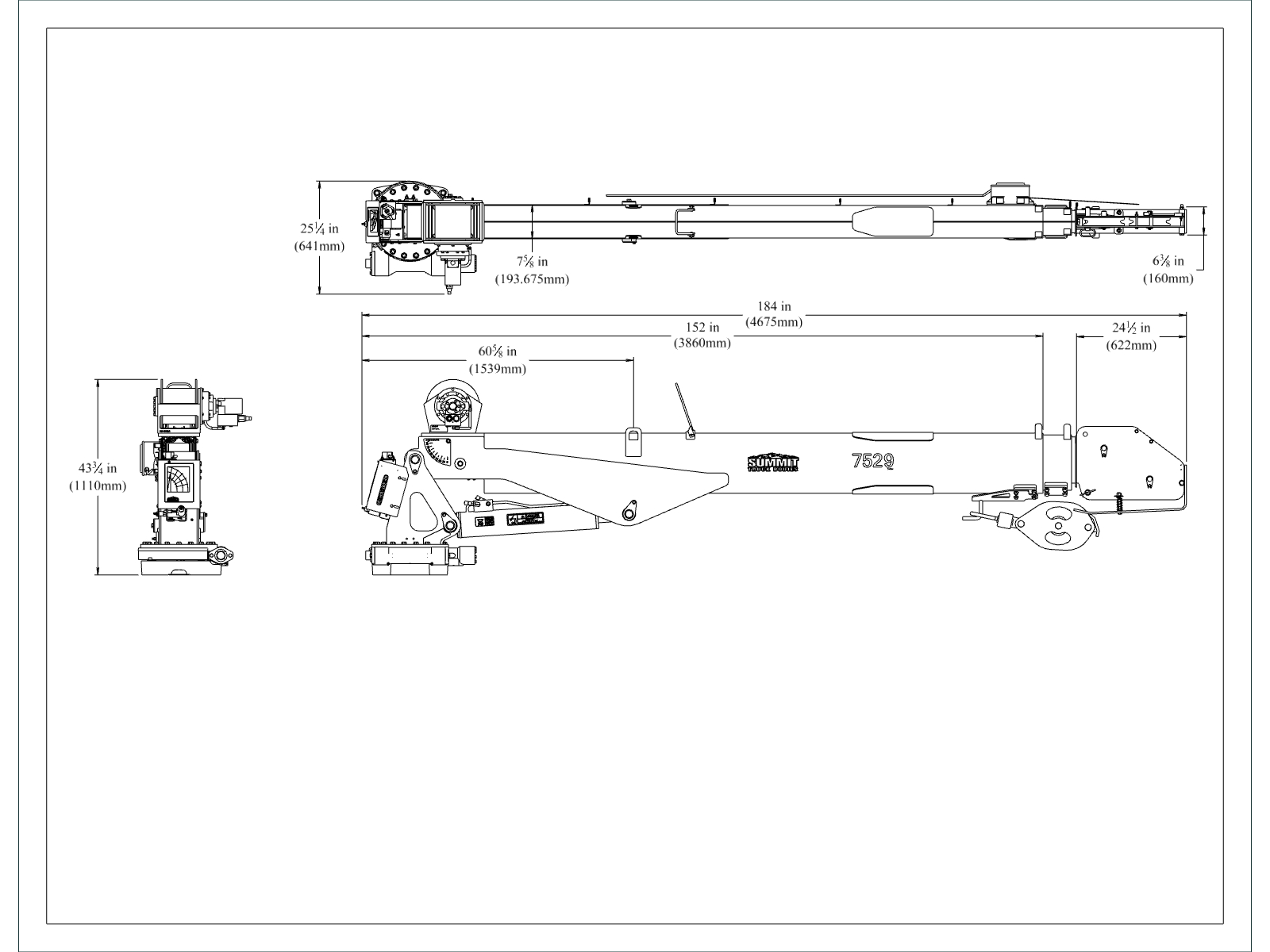 7529 2d hydraulic telescopic truck crane dimensional graphic
