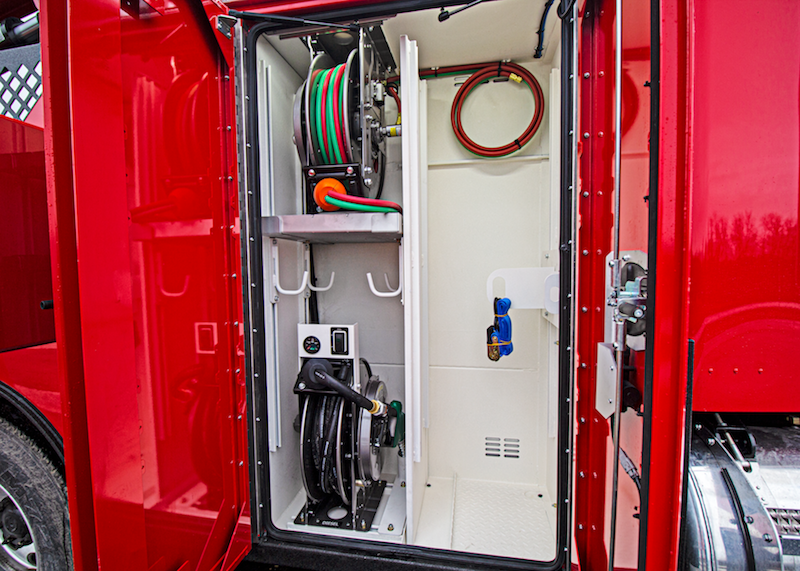 service truck tool storage ideas: Welding reels compartment option - gallery bottle retainers, shelving and j hooks