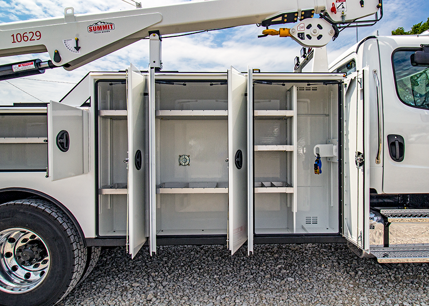 heavy duty service truck storage compartments with aluminum shelves