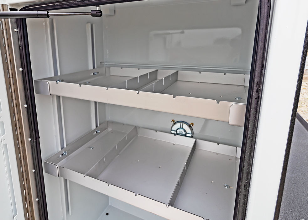 aluminum adjustable shelving in a service truck compartments