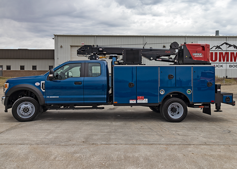 custom service truck with crane and Lincoln Electric Welder