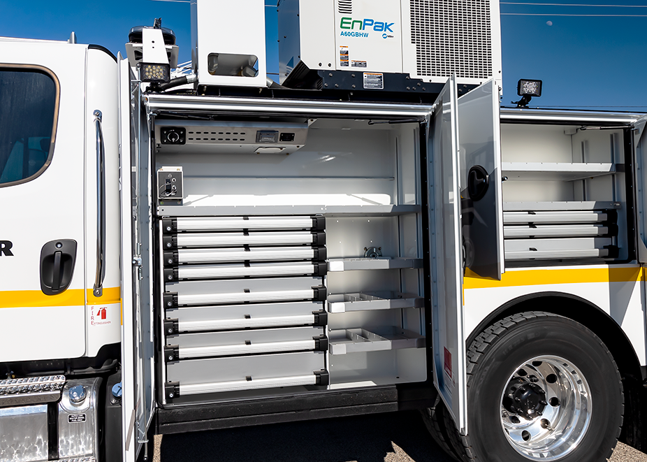 summit drawer packs and aluminum shelves are a lightweight service truck solution