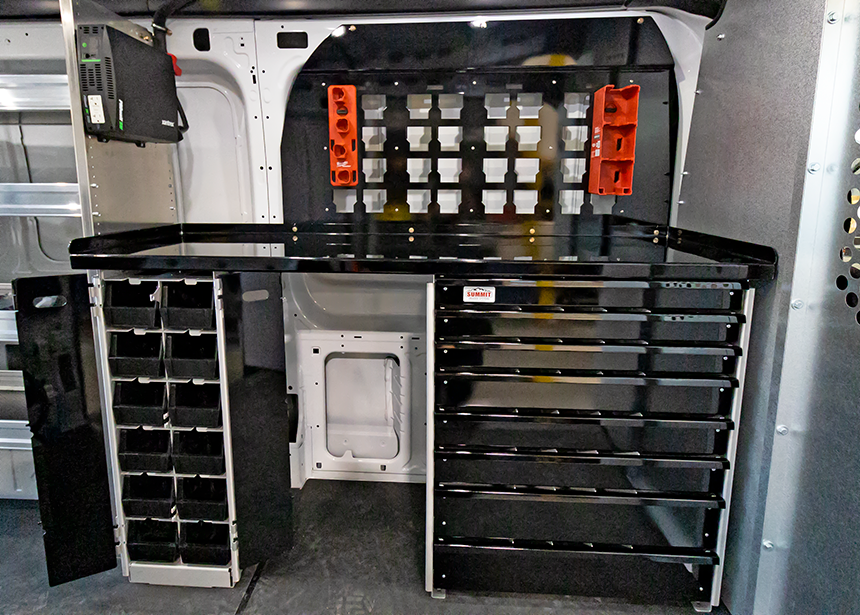 commercial van upfit work station with a drawer pack, bolt bin, and mounting rack for milwaukee packout
