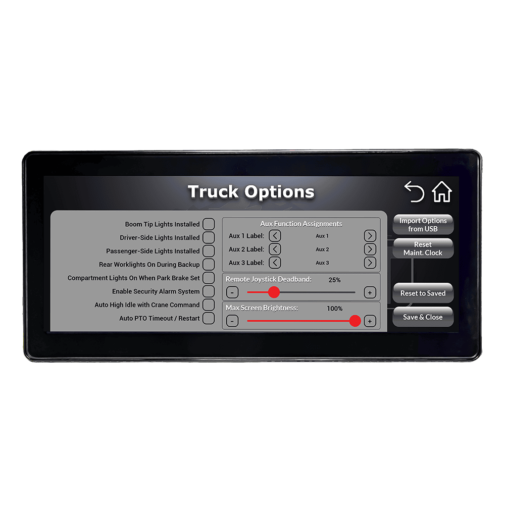 ASE Phase 5 Truck Options touchscreen displaying programmable system settings and operator preferences.