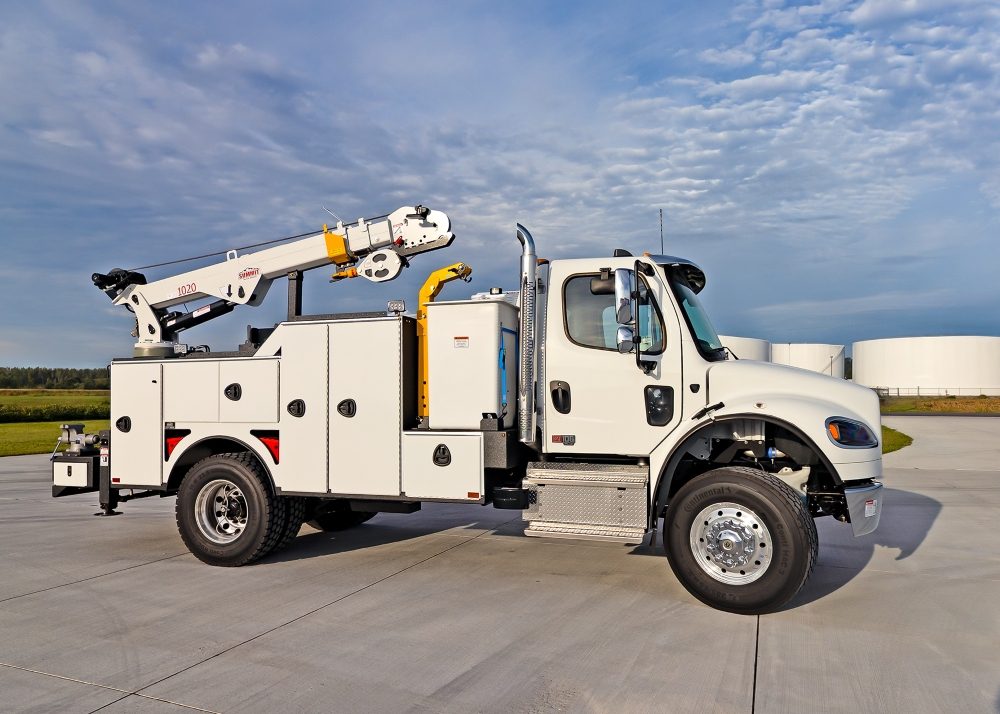 9 Series man bucket platform truck with 1020 crane.