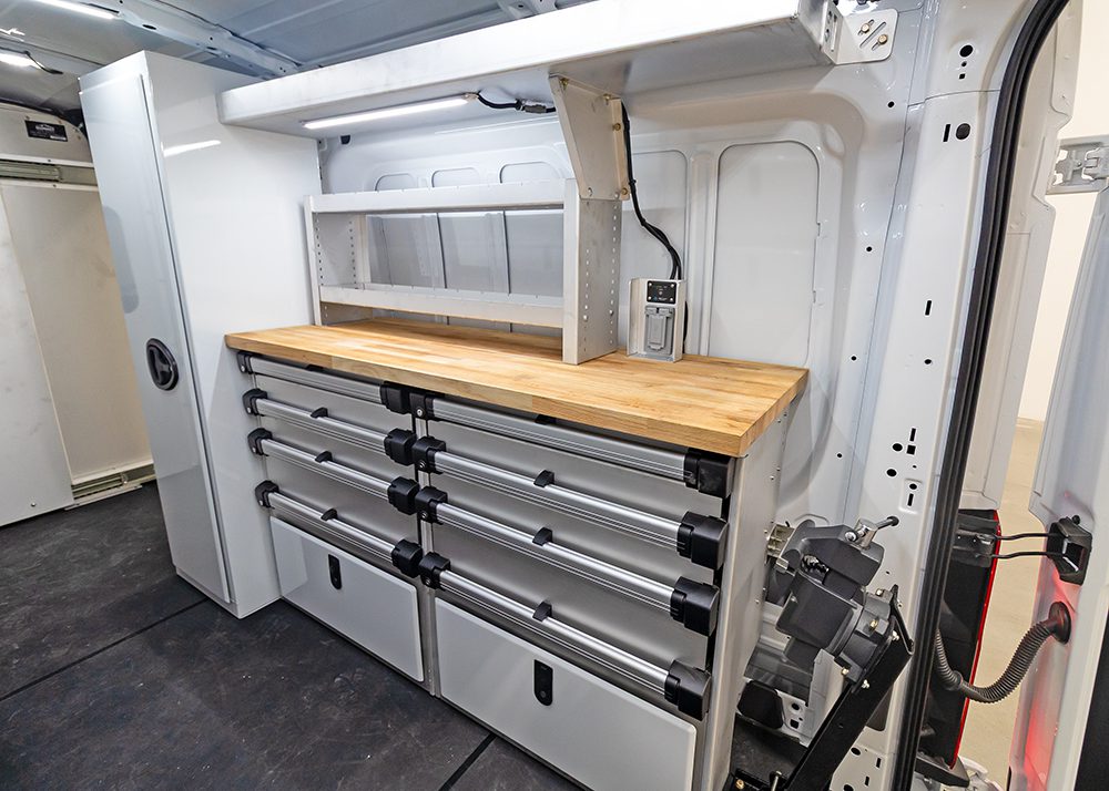 commercial van workbench and cabinets space